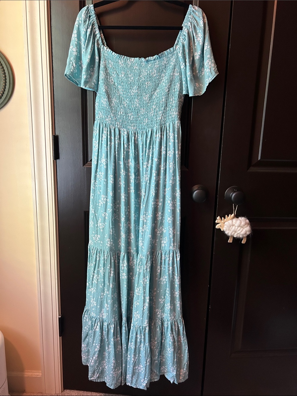 Ghanda Aqua Floral Smocked Flutter Sleeve Tiered Maxi Dress